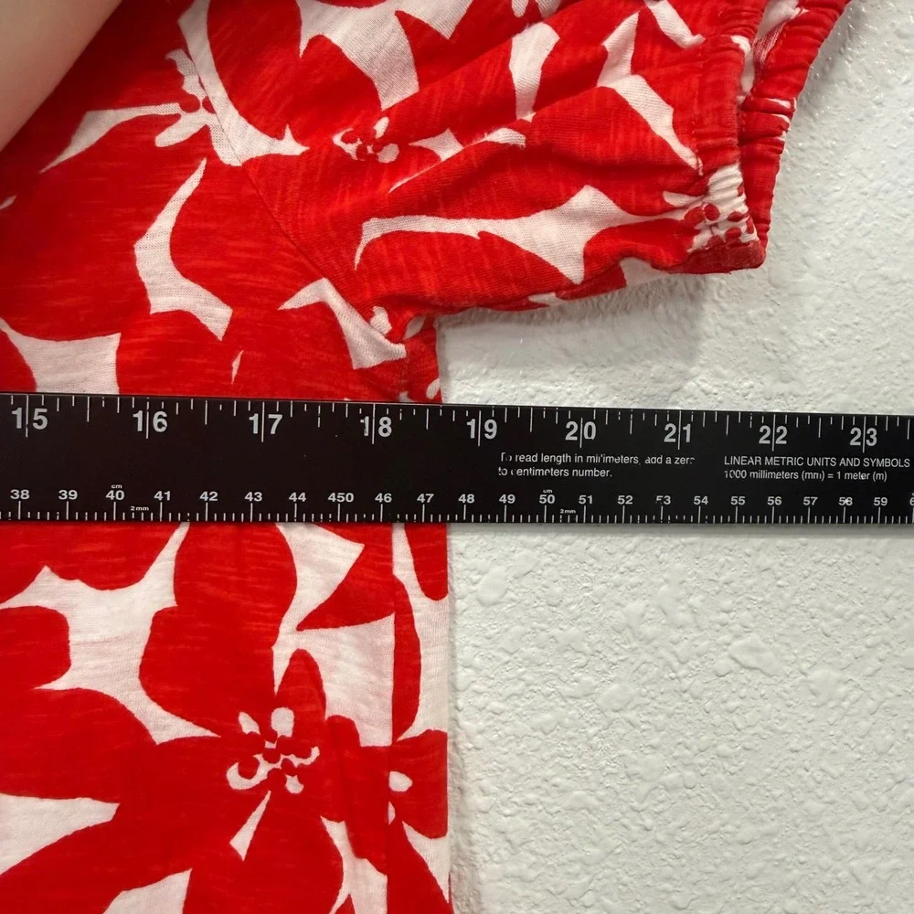 Loft Red‎ White Floral V-Neck Puff Sleeve Cotton Slub Knit Top Small